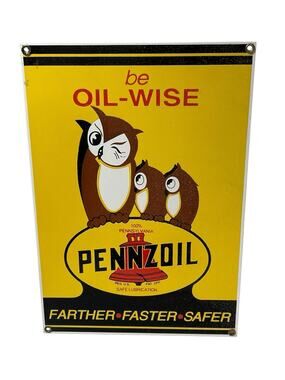 Vintage Pennzoil Original Porcelain Sign Owls Be-Oil Wise 12.75" x 8.75" Yellow